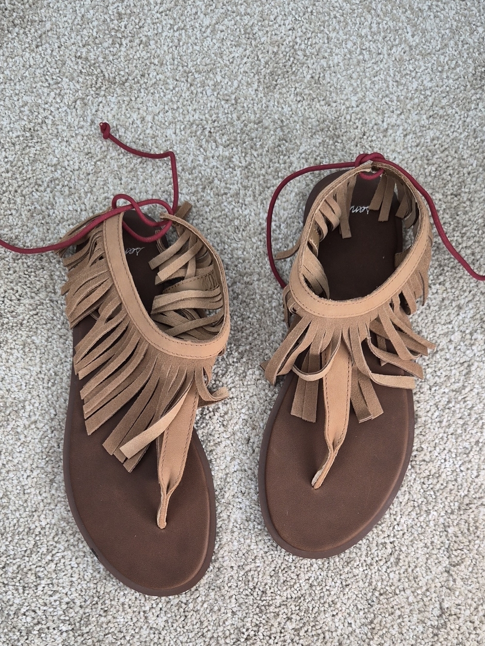 Sanuk Tan Fringe Gladiator Sandals with Red Laces